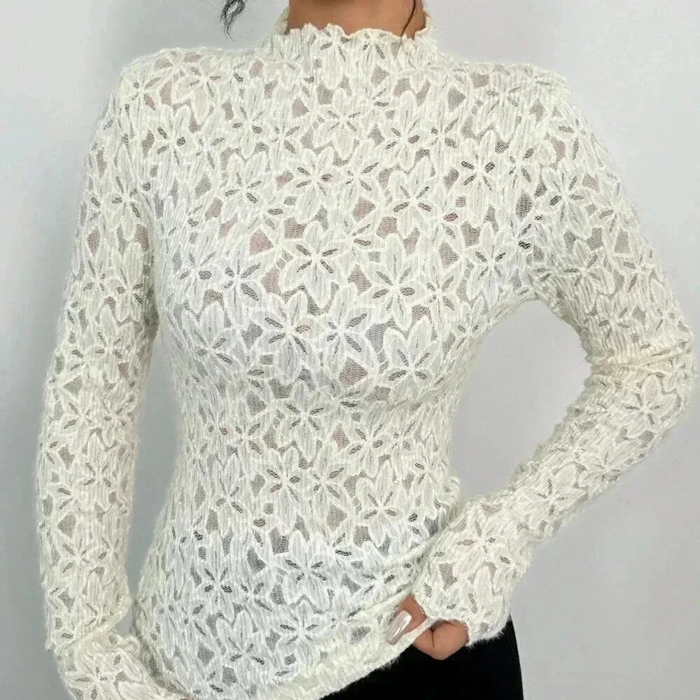 White Casual Women's Floral Patterned Stand Collar Long Sleeve Fitted Blouse - Picture 4 of 6